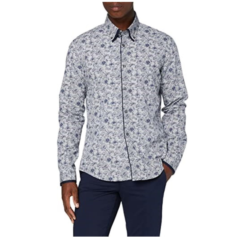 Camisa floral masculina de manga comprida azul-marinho (L) (A+ Recondicionada)